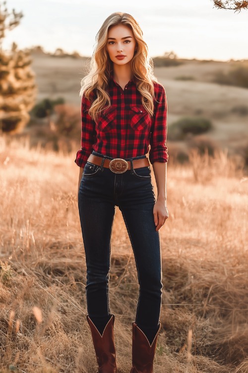 a woman wears a red flannel shirt with jeans and brown cowboy boots