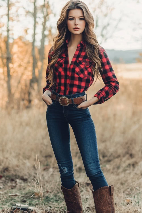 a woman wears a red flannel shirt with jeans and brown cowboy boots