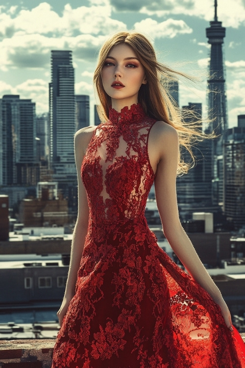 a woman wears a red lace wedding guest dress with a high neckline