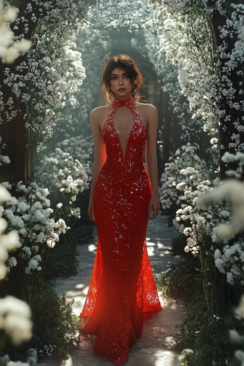 a woman wears a red lace wedding guest dress with a keyhole neckline