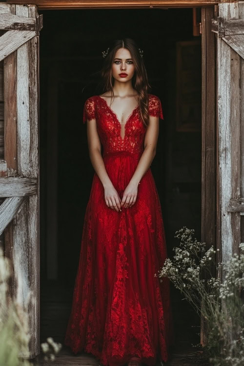 a woman wears a red lace wedding guest dress with short sleeves