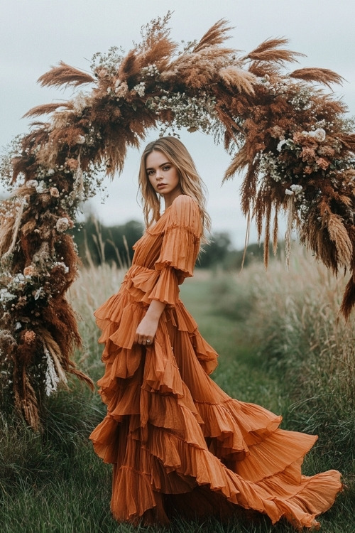 a woman wears a rust tiered wedding guest dress