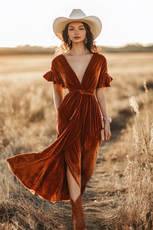 a woman wears a rust velvet wedding guest dress and brown cowboy boots