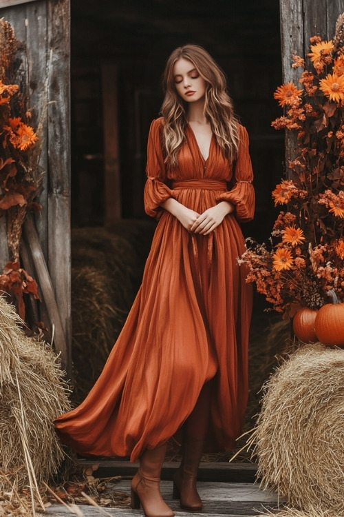 a woman wears a rust wedding guest dress and brown boots