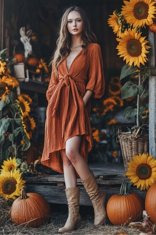 a woman wears a rust wedding guest dress with brown boots