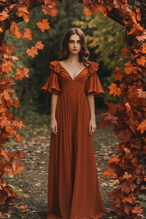 a woman wears a rust wedding guest dress with ruffle sleeves