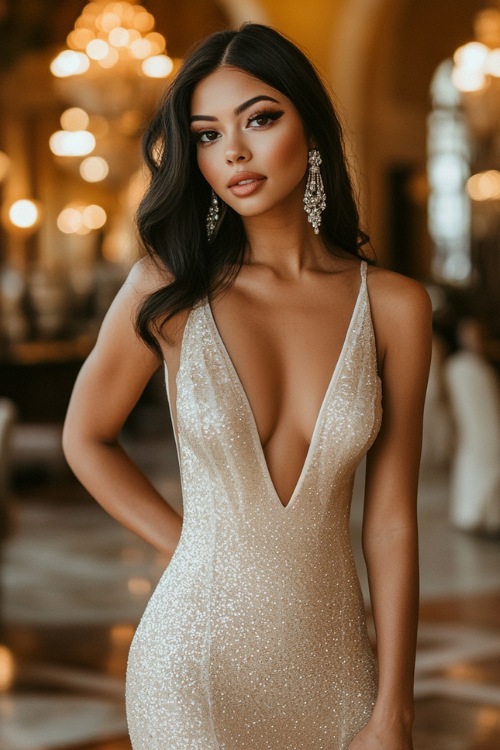 a woman wears a sequin wedding guest dress with statement earrings