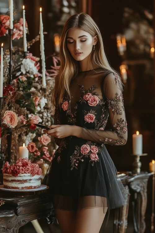 a woman wears a sheer black mini floral wedding guest dress with long sleeves