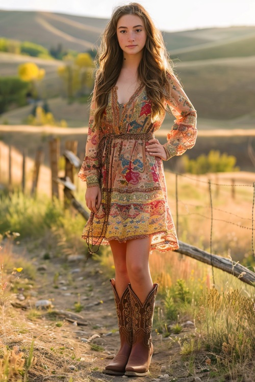 a woman wears a short boho dress and brown cowboy boots