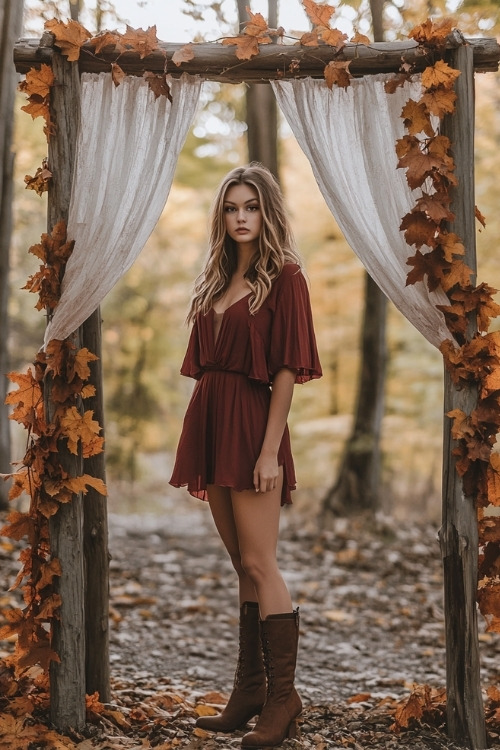 a woman wears a short burgundy wedding guest dress with brown boots