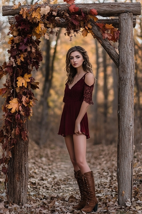 a woman wears a short burgundy wedding guest dress with brown lace boots