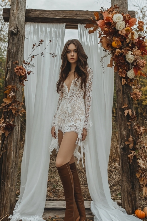 a woman wears a short lace wedding guest dress with brown boots