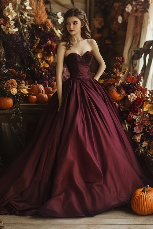 a woman wears a strapless burgundy wedding guest dress