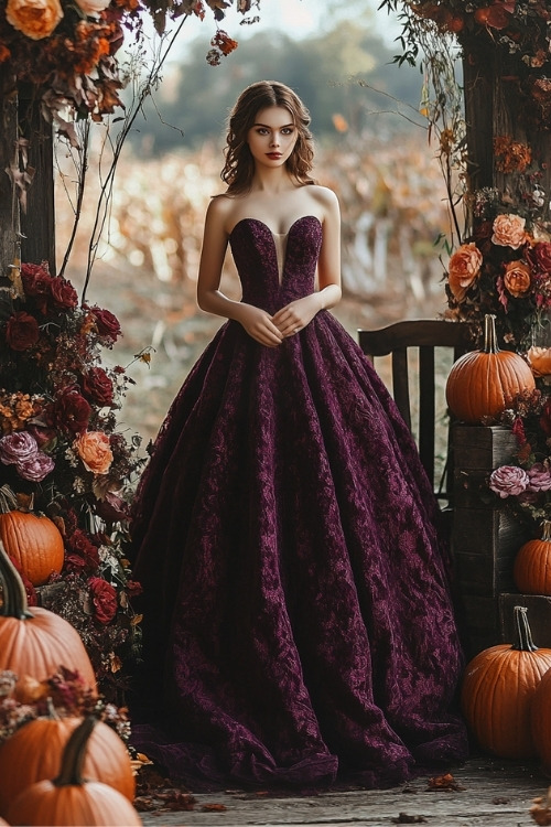 a woman wears a strapless dark purple lace wedding guest dress