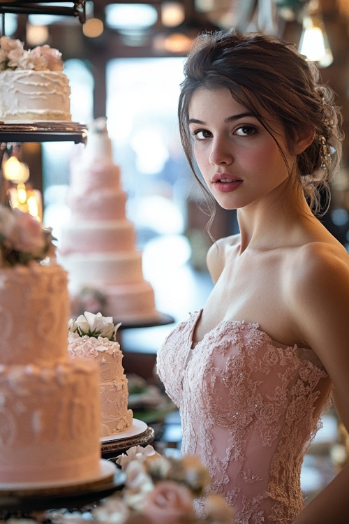 a woman wears a strapless pink lace wedding guest dress with a sweetheart neckline