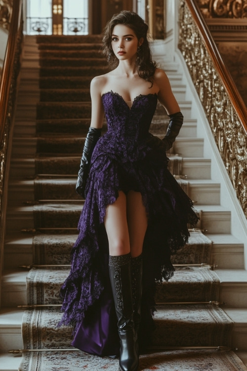 a woman wears a strapless purple lace wedding guest dress and tall black boots