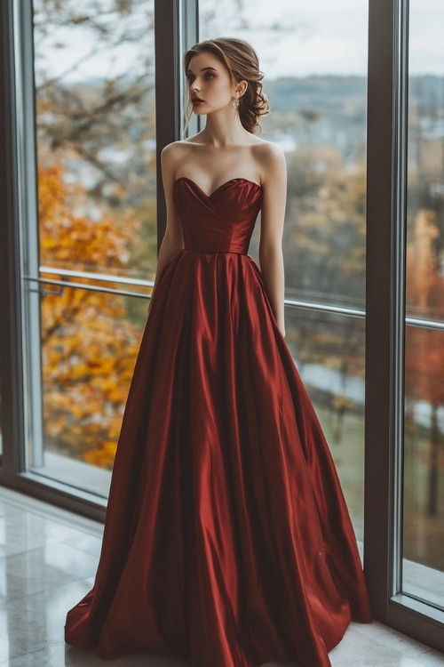 a woman wears a strapless red satin wedding guest dress with a flowy skirt