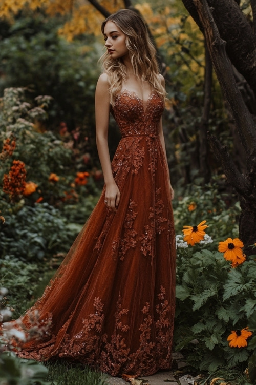 a woman wears a strapless rust wedding guest dress with lace details