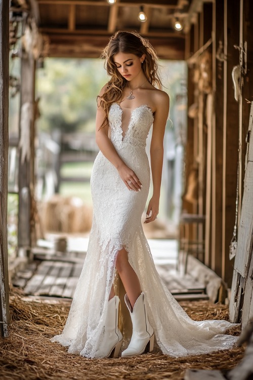 a woman wears a strapless white wedding dress and short white cowboy boots