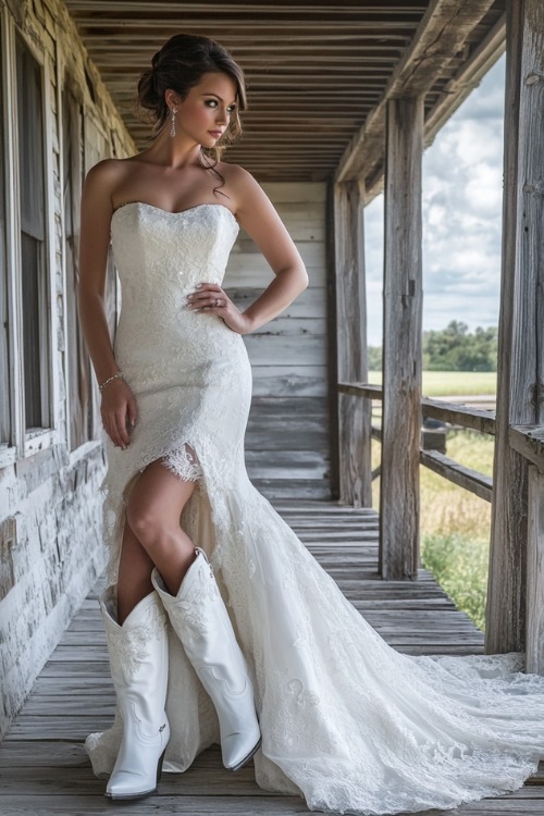 a woman wears a strapless white wedding dress and white cowboy boots