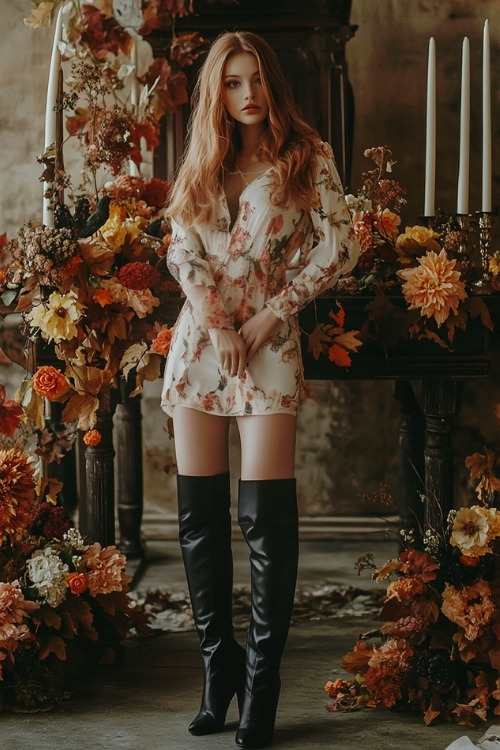 a woman wears a white floral long-sleeve wedding guest dress and black knee high boots