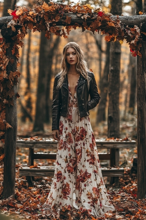 a woman wears a white floral wedding guest dress with a black leather jacket (2)