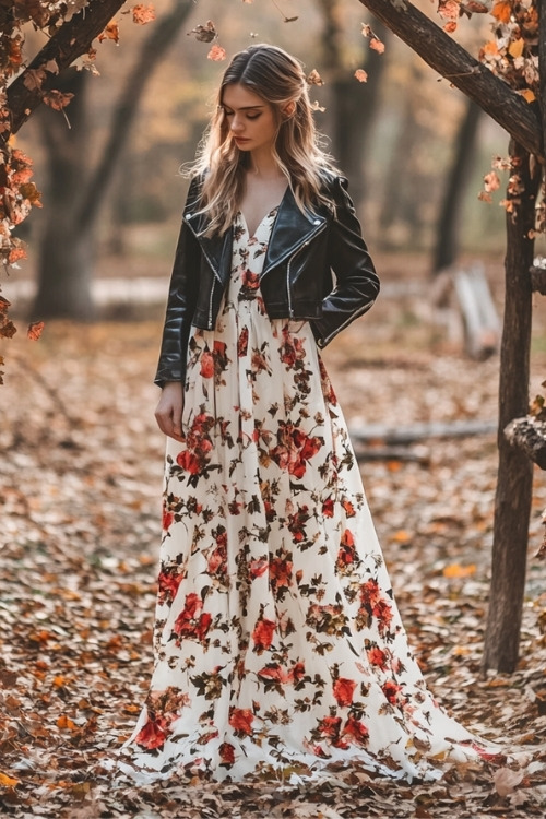 a woman wears a white floral wedding guest dress with a black leather jacket