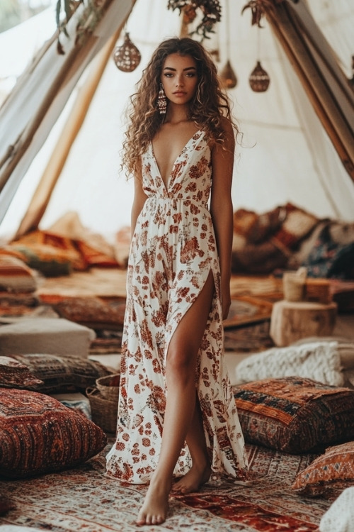 a woman wears a white floral wedding guest dress with a high slit