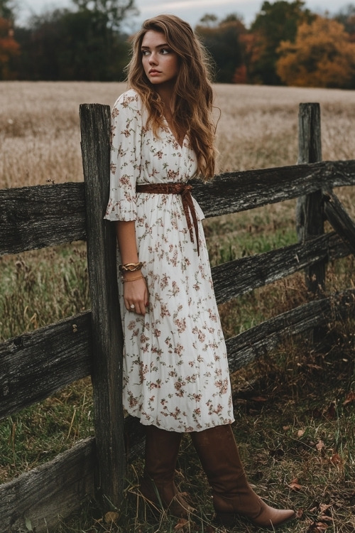 a woman wears a white floral wedding guest dress with brown boots