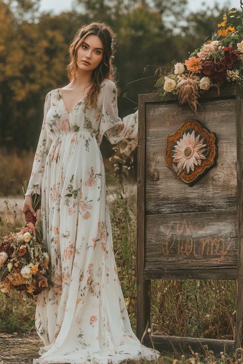 a woman wears a white floral wedding guest dress with long sleeves (2)