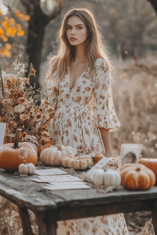 a woman wears a white floral wedding guest dress with long sleeves