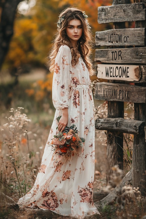 a woman wears a white floral wedding guest dress