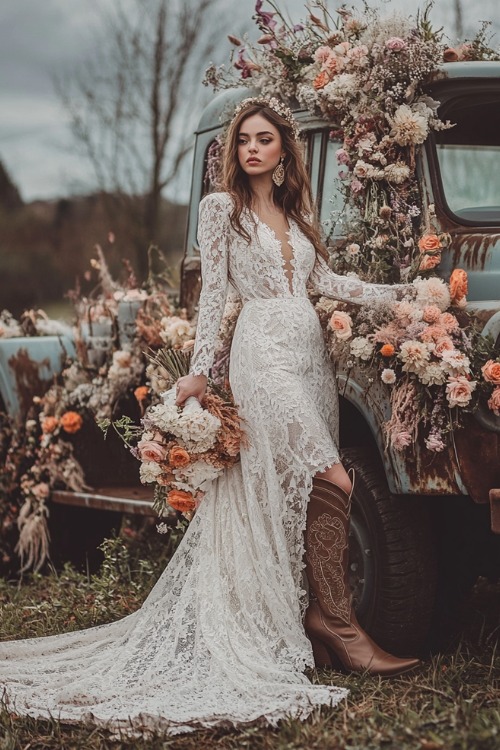 a woman wears a white lace long-sleeve wedding dress and brown cowboy boots