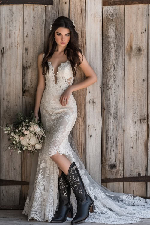 a woman wears a white lace mermaid wedding dress and black cowboy boots