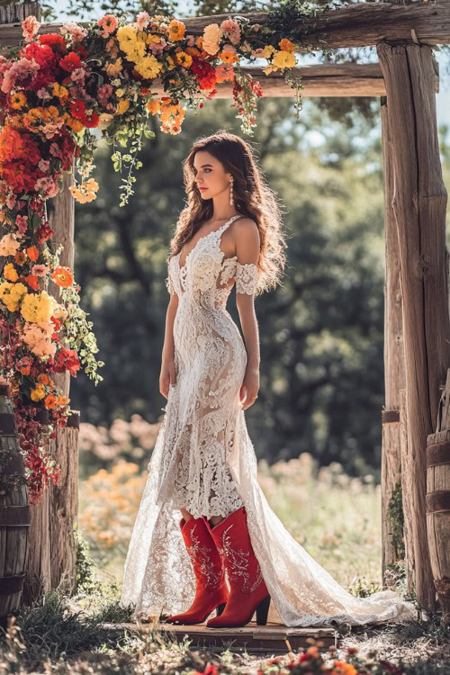 a woman wears a white lace wedding dress and red cowboy boots