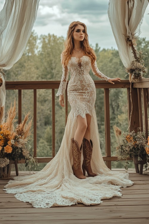 a woman wears a white lace wedding dress and short brown cowboy boots