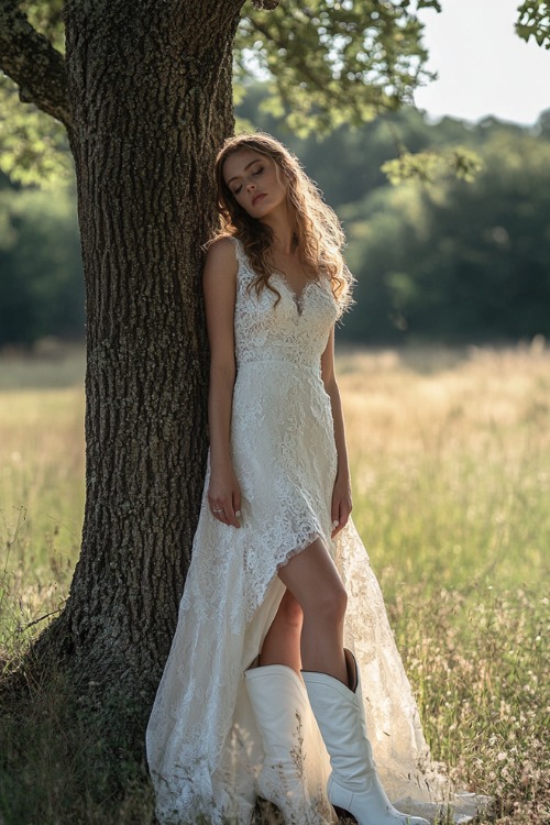 a woman wears a white lace wedding dress and white cowboy boots (2)