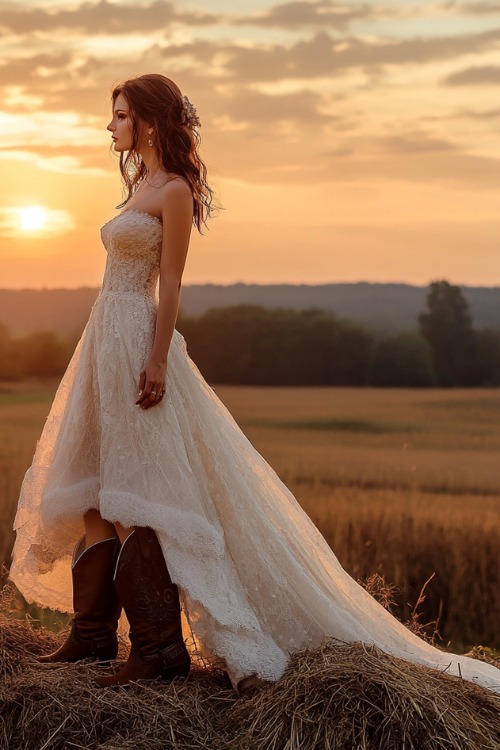 a woman wears a white lace wedding dress with a strapless design and brown cowboy boots