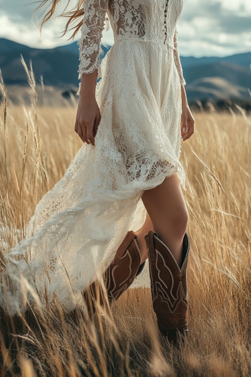 a woman wears a white lace wedding dress with long sleeves and brown cowboy boots