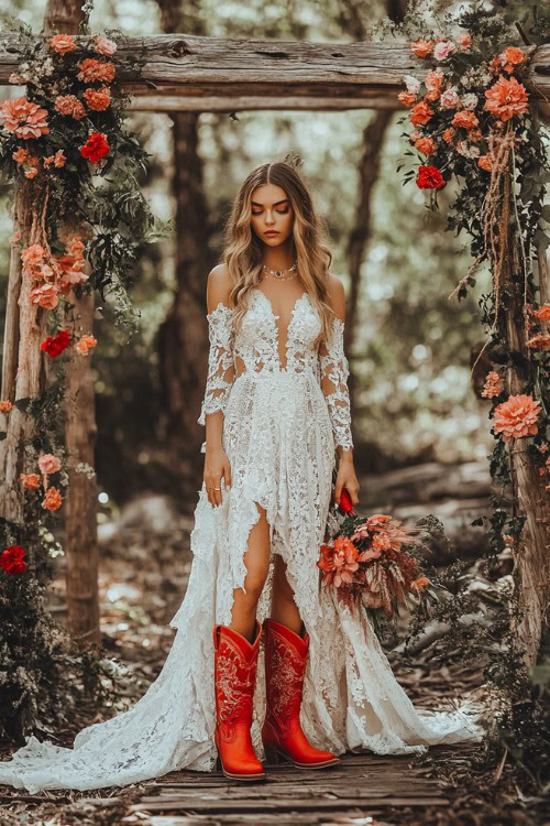 a woman wears a white lace wedding dress with off shoulder sleeves and red cowboy boots