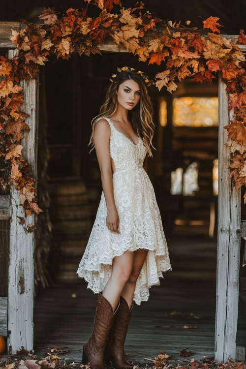 a woman wears a white lace wedding guest dress and brown cowboy boots