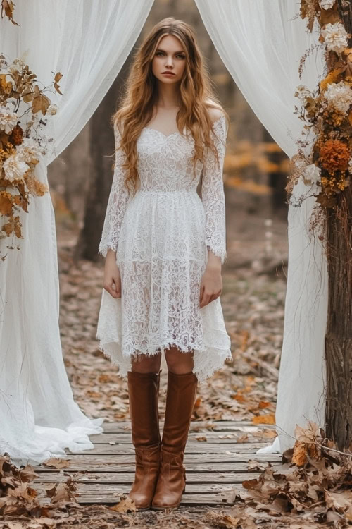 a woman wears a white lace wedding guest dress with brown boots