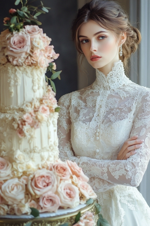 a woman wears a white lace wedding guest dress with long sleeves and a high neckline