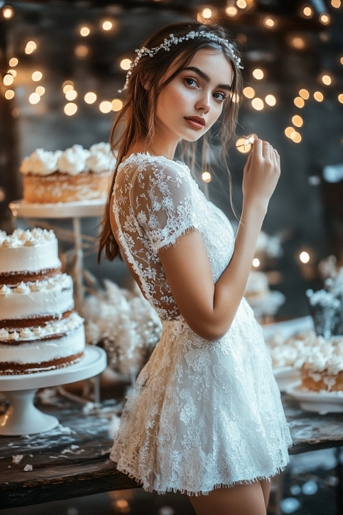 a woman wears a white lace wedding guest dress with short hemline