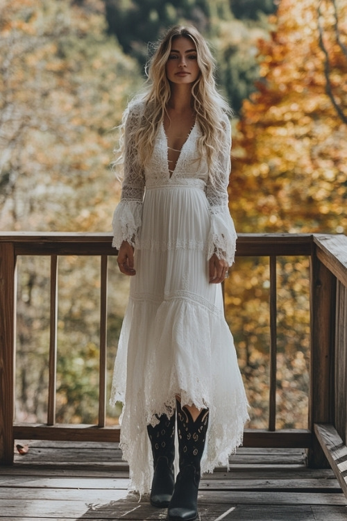 a woman wears a white long-sleeve wedding guest dress and black cowboy boots