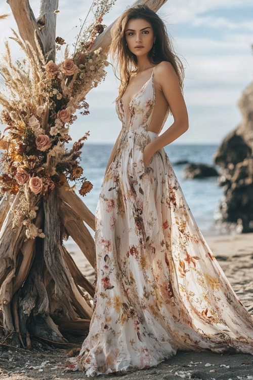 a woman wears a white maxi floral wedding guest dress