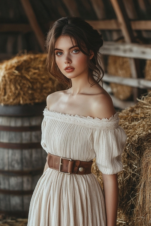 a woman wears a white off shoulder rust wedding guest dress with a brown belt