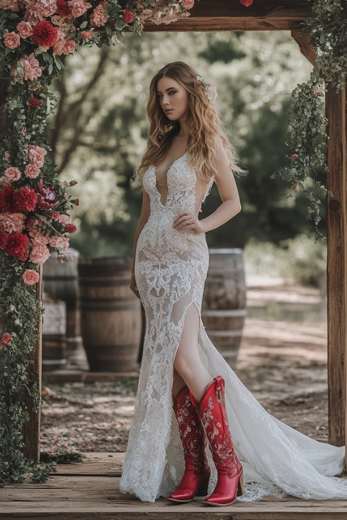 a woman wears a white strapless mermaid wedding dress and red cowboy boots