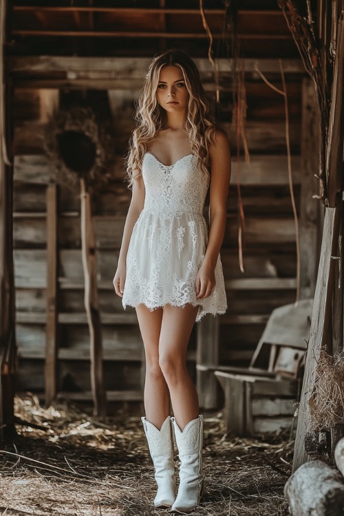 a woman wears a white strapless mini wedding dress and white cowboy boots