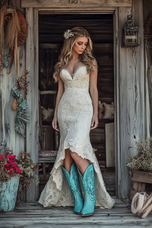 a woman wears a white strapless wedding dress and mint cowboy boots